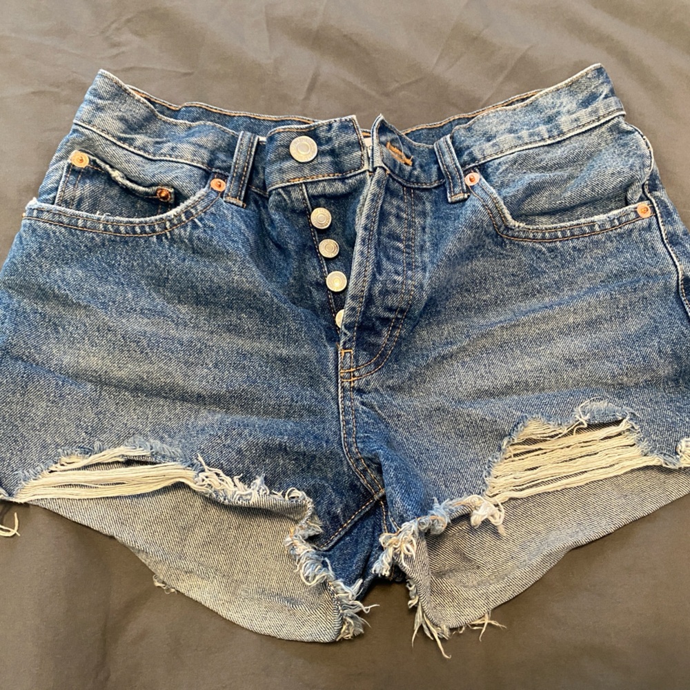 Mango Blue Distressed Jean Shorts